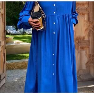 NWOT Cozinen Woman’s Blue Tiered Smock Gathered Panel Oversized Dress Sz XL